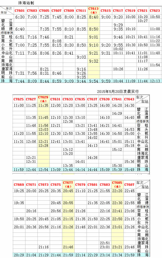 广珠城轨珠海站(广铁城轨)列车时刻表